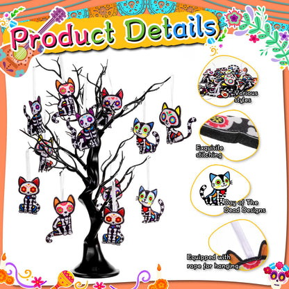 Remagr 12 Pcs Dia De Los Muertos Cat Felt Ornaments, Day of The Dead Cat Skeleton Hanging Halloween Ornaments for Mexcian Themed Party School Bags Indoor Outdoor Tree Hanging Decorations