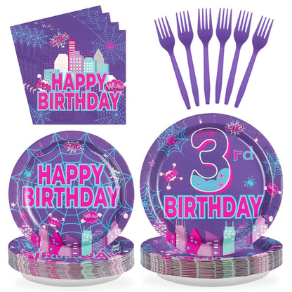 Greencian Purple Spider 3rd Birthday Party Decorations Purple Spider Themed Plates and Napkins Cartoon 3rd Decorations for 3 Years Old Boys Girls Kids Birthday Party Supplies