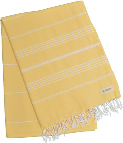 Bersuse Towels Anatolia XL Beach Blanket Throw Blanket Turkish Towel 100% Cotton Extra-Large Quick-Dry Lightweight Premium Peshtemal Towel - 61x82 Inches, Yellow (Set of 3)