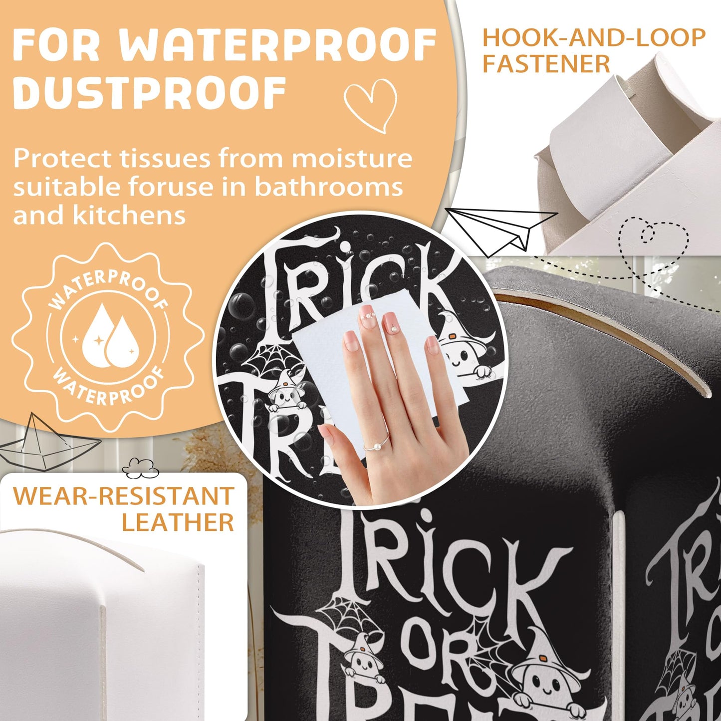 Halloween Trick Or Treat Tissue Box Holder, Black Leather Tissue Box Cover Square, Facial Paper Organizer Dispenser Toilet Paper Holder for Bathroom Kitchen Office Home Decor-A08