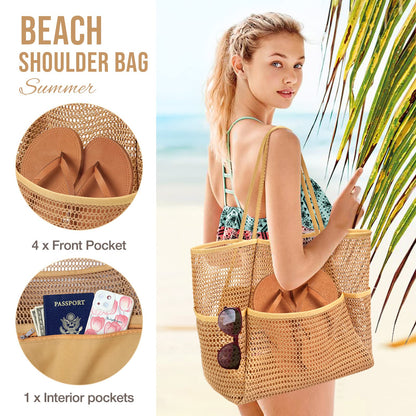 KPX Beach Bag with Mini Pocket, Summer Beach Tote Bags for Women Large Foldable Mesh Swimming Pool Travel Bags - Sandproof(Khaki)
