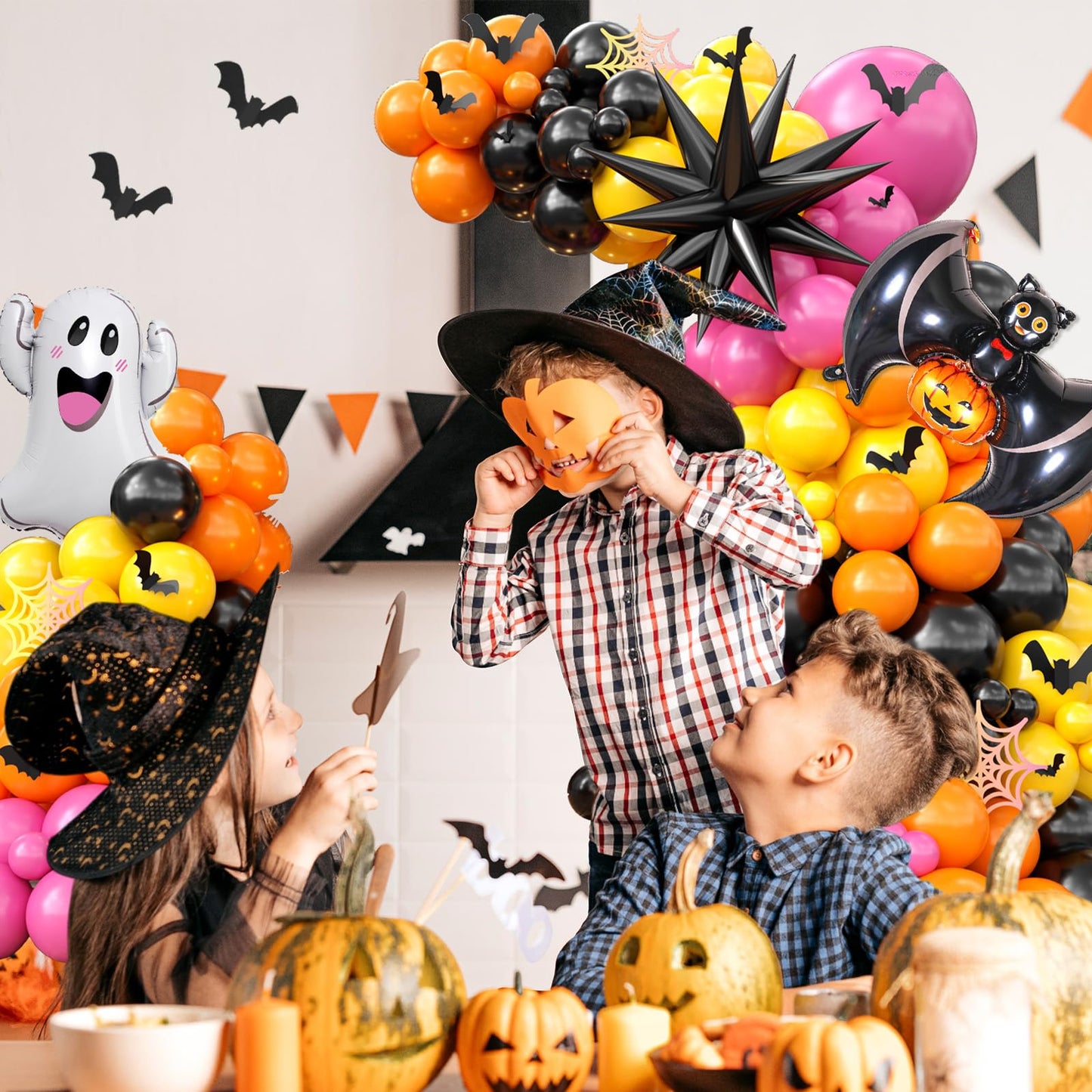 Halloween Balloon Arch Garland Kit, Halloween Party Decorations with Black Orange Hot Pink Yellow Latex Balloon Spider Ghost Foil Balloons Bat Sticker for Halloween's Baby Shower Ghost Party Supplies