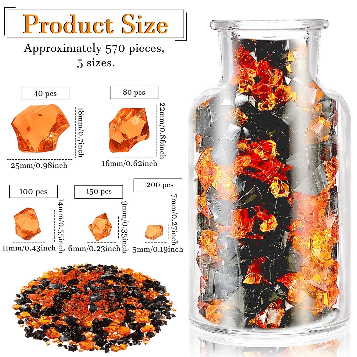 Syhood 570 Pcs 5 Sizes Orange and Black Fake Crushed Ice Rocks Acrylic Crystal Gems Plastic Diamonds Marble for Vase Fillers Decoration Wedding Table Scattering Room Halloween Decor