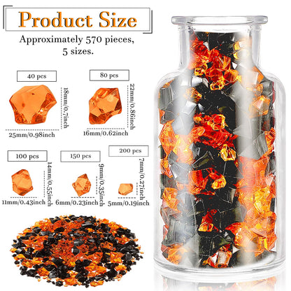 Syhood 570 Pcs 5 Sizes Orange and Black Fake Crushed Ice Rocks Acrylic Crystal Gems Plastic Diamonds Marble for Vase Fillers Decoration Wedding Table Scattering Room Halloween Decor