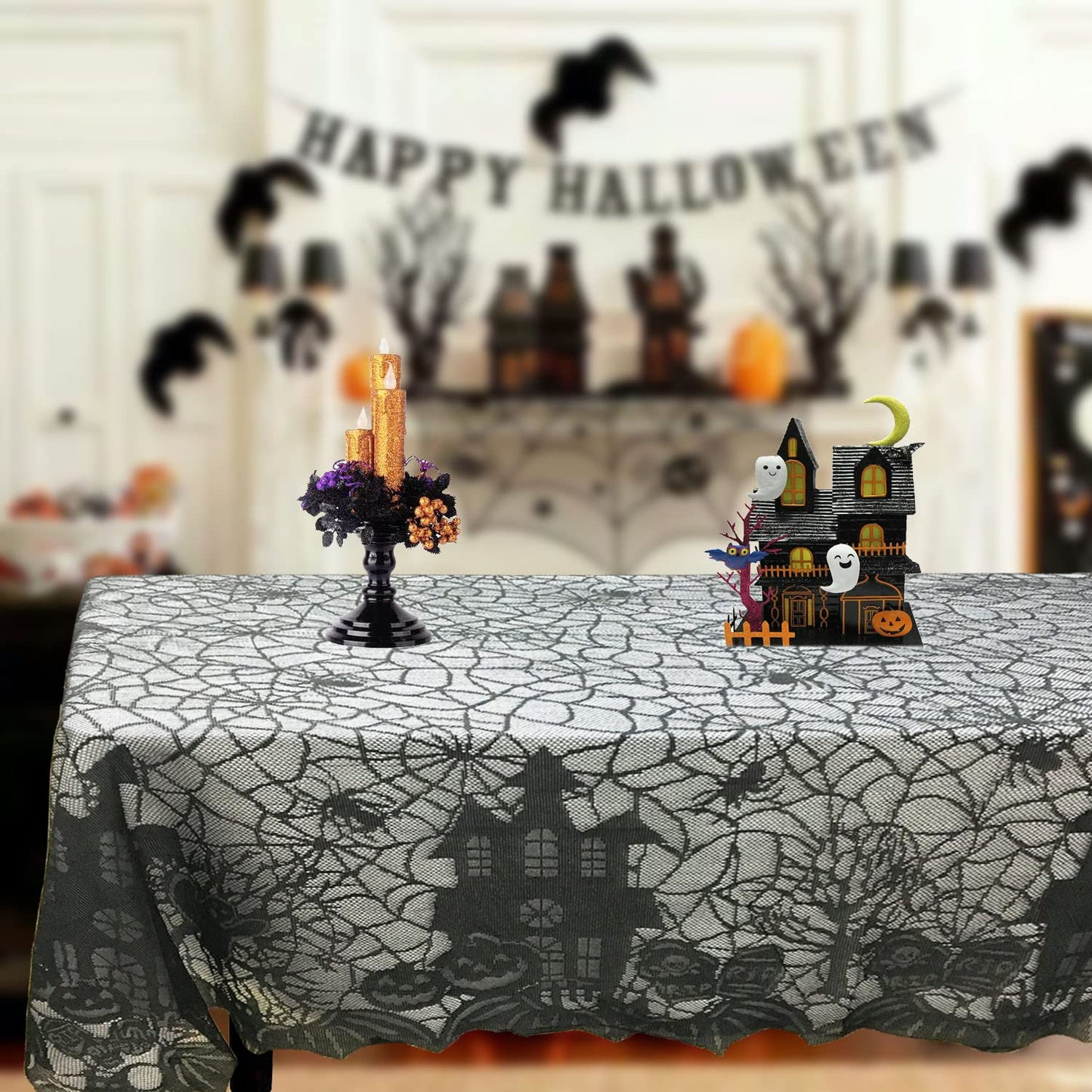 Joysail Halloween Tablecloth - Gothic Black Lace Spider Web Table Cover for Halloween Masquerade, Dinner Party, Scary Movie Nights Table Decorations - 53x68 Inches