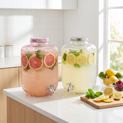 Godinger Drink Dispenser 2 Gallon, Large Glass Water Dispenser - (256oz) Blush