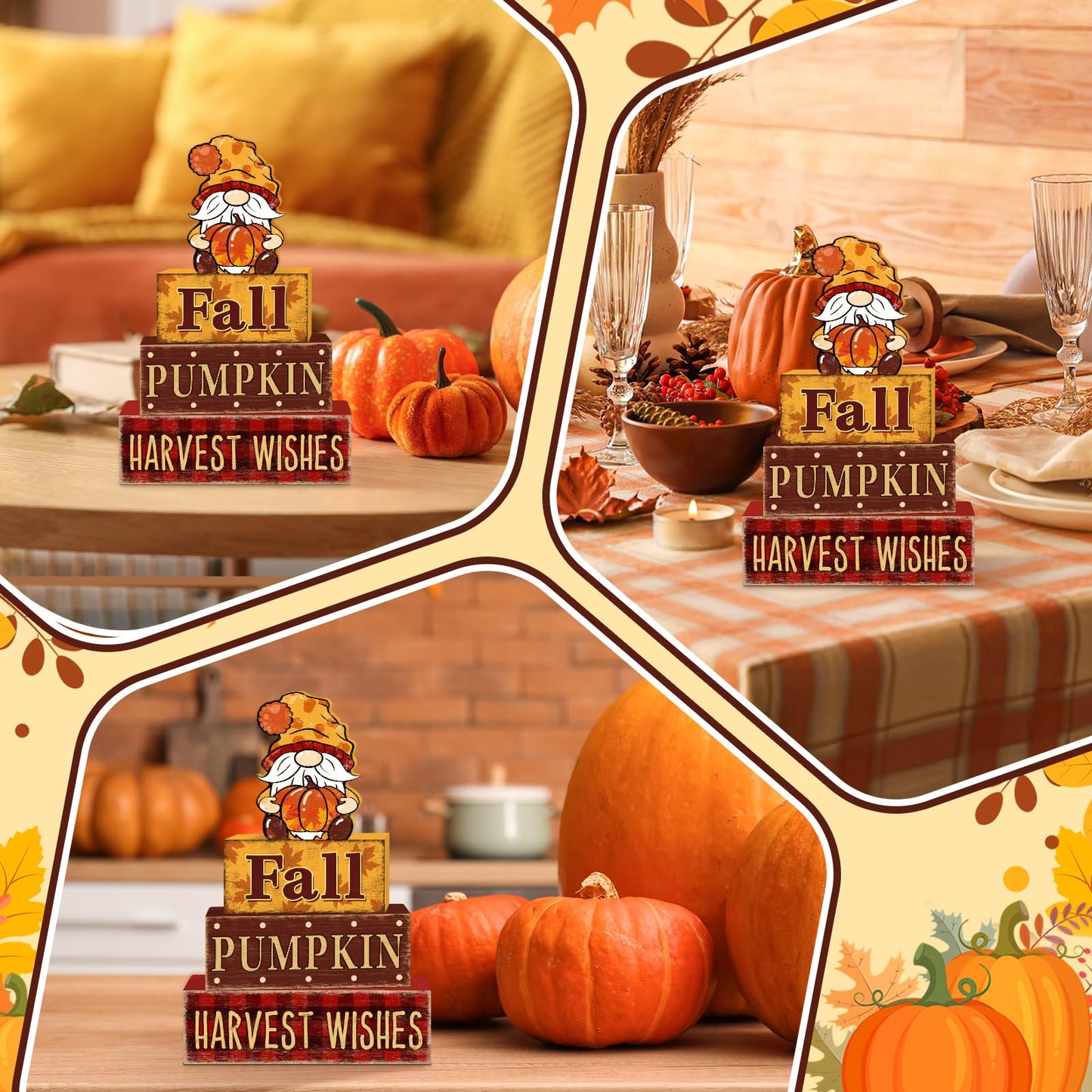 4 Pcs Fall Decorations for Home Thanksgiving Gnome Tiered Tray Decor, Fall Table Decor Farmhouse Rustic Wooden Gnome Pumpkin Block Sign Autumn Tabletop Centerpieces for Home Kitchen Indoor