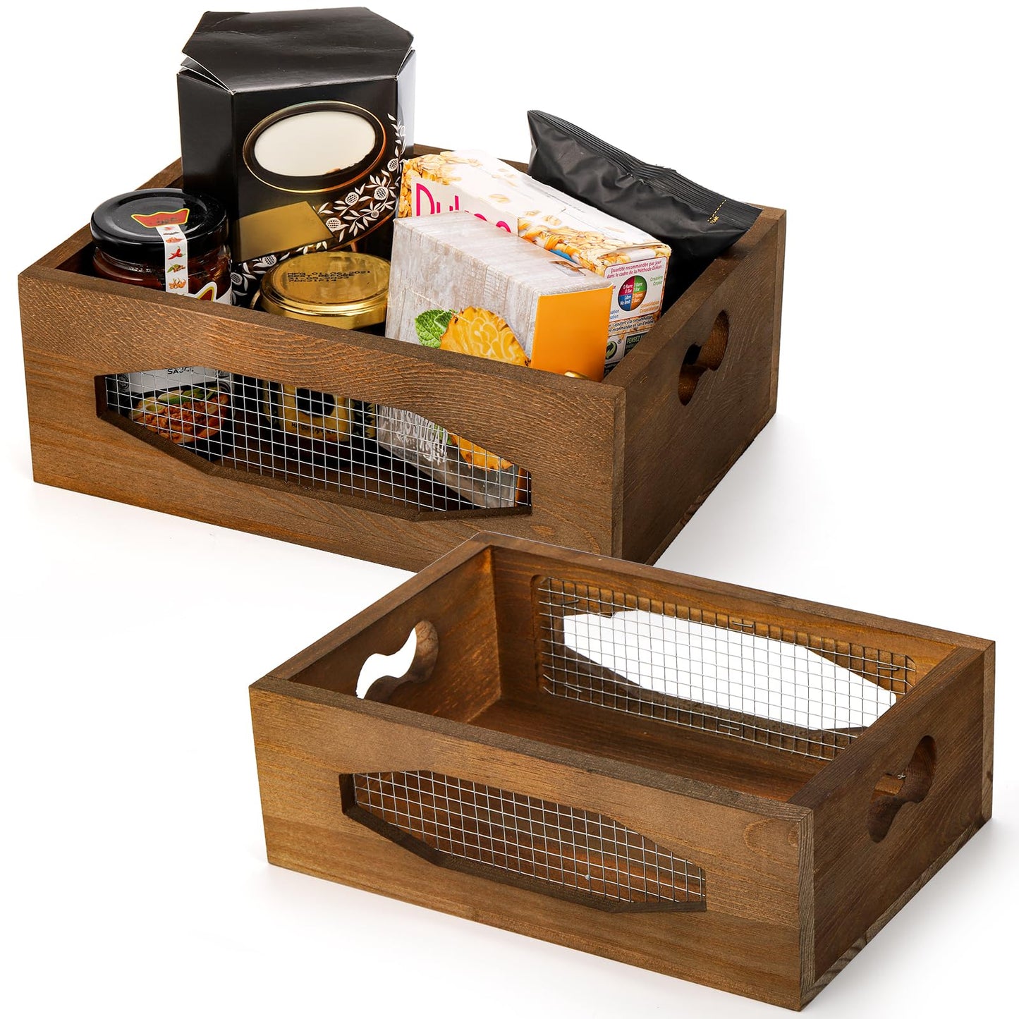 Okllen Set of 2 Wooden Nesting Countertop Baskets, Decorative Wood Storage Box Farmhouse Rustic Crate with Cutout Handles for Bread, Fruit, Vegetables, Kitchen, Bathroom, Pantry Supplies, Brown