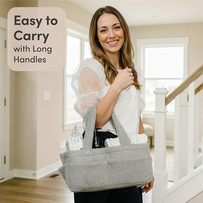 PUTSKA Baby Diaper Caddy Organizer for Changing Table – Stylish Nursery Storage Basket, Newborn Essentials, Baby Shower Gifts and Registry Must-Haves for Boy or Girl, Car Diaper Caddy, Fleece Grey