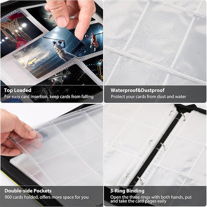 WOT I Trading Card Binder, 900 Pockets Baseball Card Binder Sleeves with Zipper, Double Sided Pockets Card Holder Carry Card Case for Baseball Card, Football Card(Yellow)