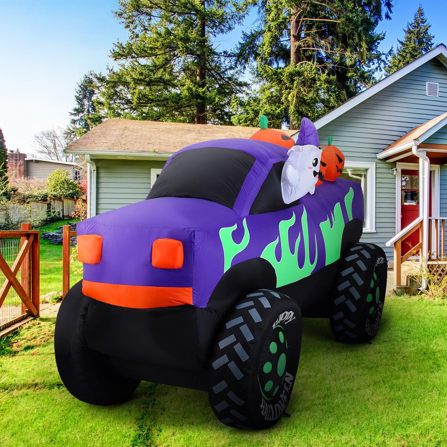 Leyndo 8 ft Long Halloween Inflatables Monster Truck Outdoor Decorations Lighted Ghost Driving Truck with Pumpkins Blow up Yard Decor with Lights for Halloween Party Indoor Family Garden Lawn Decor