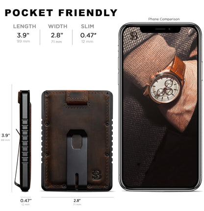 SERMAN BRANDS Metal Wallet - Slim RFID Blocking Wallet for Men with Money Clip - Metal Minimalist Front Pocket Wallet - Thin and Compact – Full Grain Leather Card Holder for Men - Texas Brown Raptor