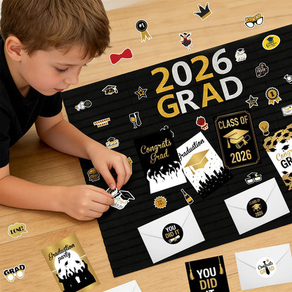 Nuanchu Graduation Bulletin Boards Decorations Set, DIY Poster Photo Board Kit with Black Felt Panels, 2026 Graduation Cards & Envelopes, Sticker Set, Push Pins, Cardstock Decor for Party Classroom