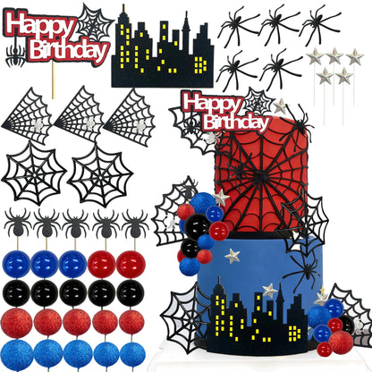 Tyotrbs Spider Cake Topper Spider Web Cake Decoration Spiders Theme Cake Decor Happy Birthday Toppers Stars Red Blue Balls Cupcake Topper for Hero Party Supplies