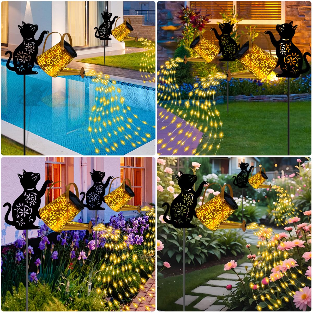 Solar Lights Outdoor Decorative, Watering Can with Cascading Lights, with Cat Silhouette Garden Stakes, Gifts for Mom Women, Waterproof Metal Garden Decor for Yard Art, Outside, Patio, Lawn Ornaments