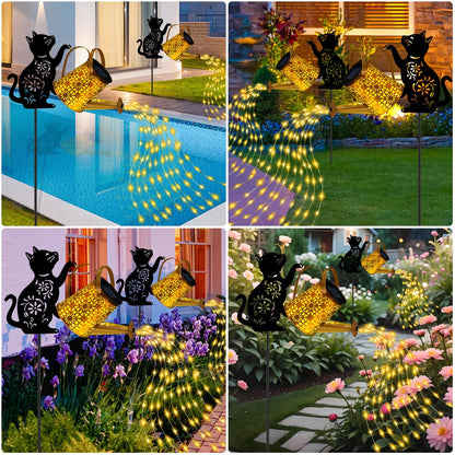 Solar Lights Outdoor Decorative, Watering Can with Cascading Lights, with Cat Silhouette Garden Stakes, Gifts for Mom Women, Waterproof Metal Garden Decor for Yard Art, Outside, Patio, Lawn Ornaments