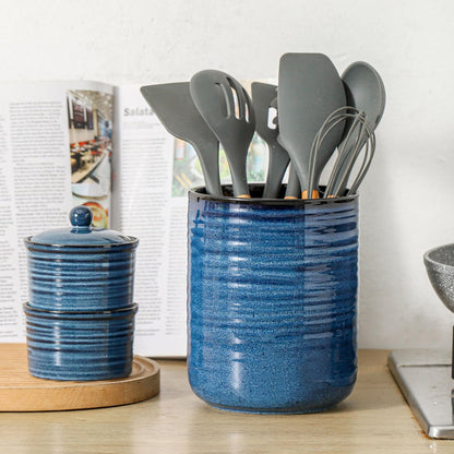 HASENSE Ceramic Kitchen Utensil Holder, 7.4" x 6.2" Large Countertop Utensil Crock, Stable Cooking Utensil Organizer for Spatulas, Spoons, Whisks & Tools, Modern Blue Kitchen Decor