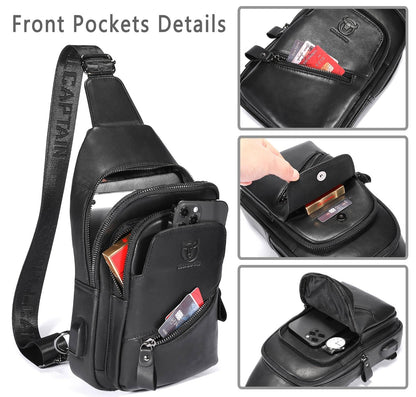 Leather Sling Bag for Men Crossbody Backpack with USB Charging Port Casual Daypack for Hiking Shoulder & Chest Bag Purse (Black)