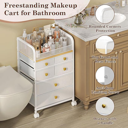 Rolling Makeup Cart Organizer with 6 Drawers, Makeup Storage with Wheels, Floor Skincare Organizers Vanity Storage Organizer Cosmetics Display Cases for Skin Care Perfume Nail Polish, White