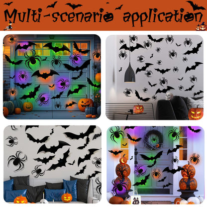 36 Pcs Halloween Wall Decor 3D Led Bats Spiders Wall Stickers Removable Light Up Spiders Bats Decals for Indoor Outdoor Window Door Halloween Party Decorations