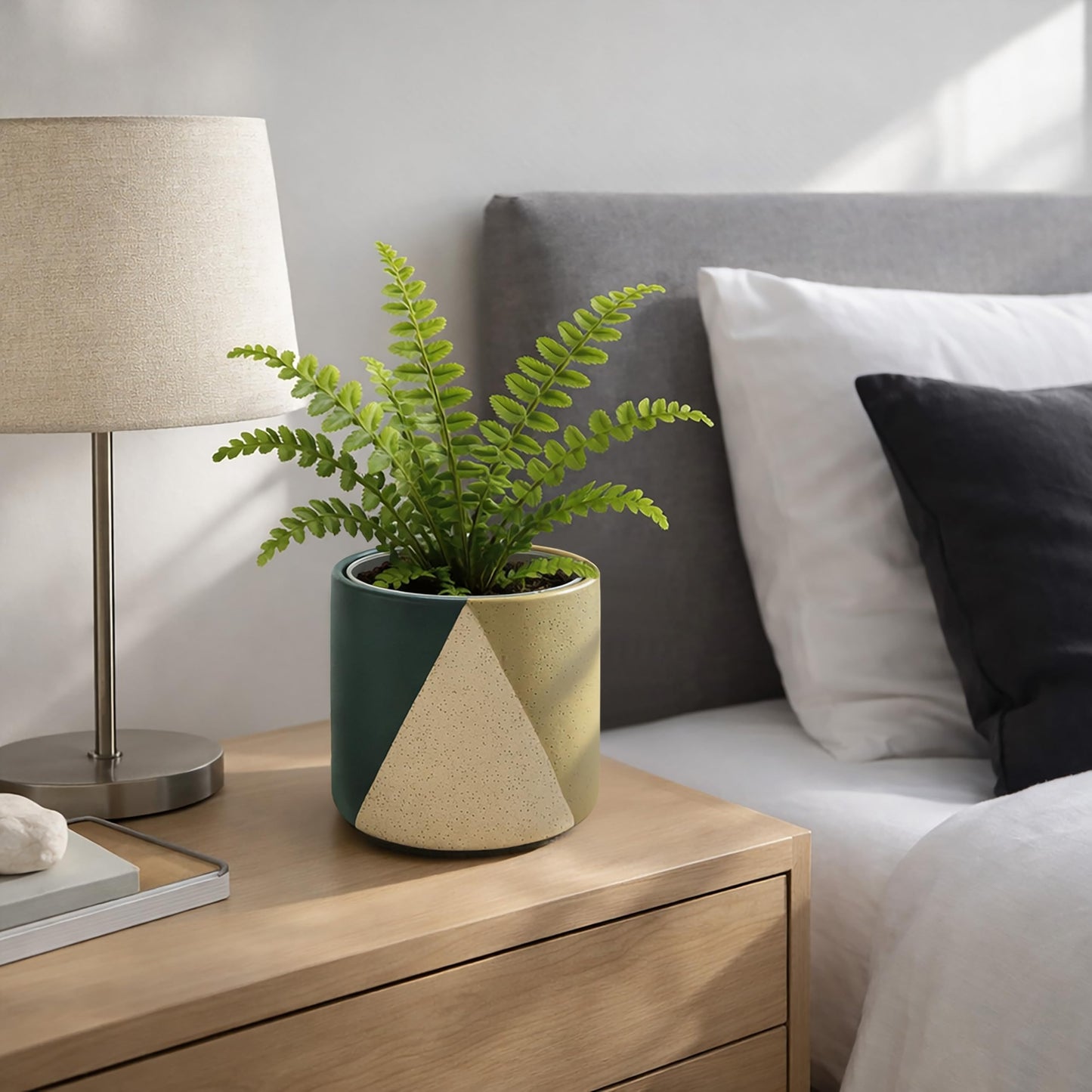 D'vine Dev 6.5" Stoneware Cachepot Planter with 6" Clear Nursery Pot & Detachable Saucer – Modern Indoor Plant Pot with Drainage for Bottom Watering & Root Visibility, Desert Forest, 93-O-C-1