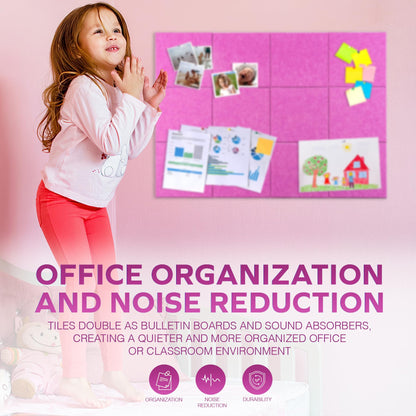 Bulletin Board 40x30in, 12 Count 9.8 x 9.8in Felt Wall Tiles with Removable Adhesive Tape, Cork Board Alternative for Walls, Wall Decor, Kids Art Display, Kids Room (Magenta Collection)