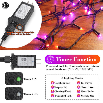 FairyGlim Halloween String Lights Plug in,33FT 100 LED String Lights with 8 Modes & Timer, Halloween Decorations for Party Carnival Supplies, Outdoor Indoor Yard Garden Decor, Purple & Orange
