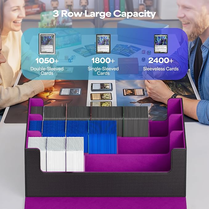 UAONO Trading Card Storage Box, Holds 1800 Sleeved Cards with 10 Dividers & 3 Stoppers, Magnetic Closure PU Leather Card Case for MTG, PTCG, YGO, Sports Cards (Black&Purple)