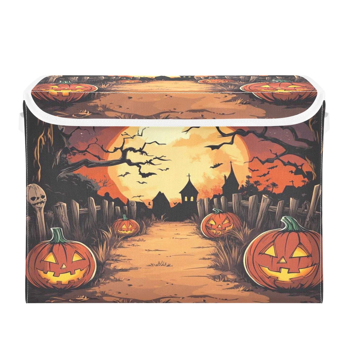 Bolaz Storage Bins with Lids and Handles,Halloween Night Pumpkin Skull Storage Box Storage Basket with Cover Collapsible Organizer Containers for Home Closet, Shelves
