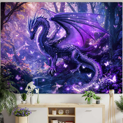 Spenlife Purple Mystical Forest Dragon Wall Tapestry, Fantasy Enchanted Wood Tapestries for Room Decor, Dreamy Tapestry 60x44 Inch