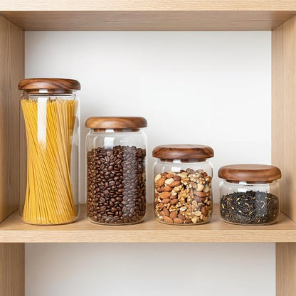 4-Pack Wide Mouth Mason Jars with Measuring Spoons, Acacia Wood Lids & Press Seal Design, No Plastic Parts, Dry Food Storage for Pantry, Spice & Kitchen Organization, 10/13/23/32 fl oz.