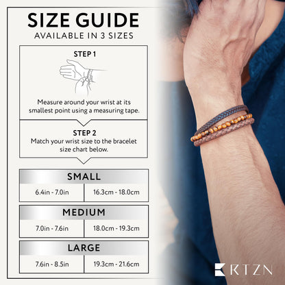 RTZN® Multi Strand Bracelet for Men – Premium Artisan Handcrafted Tiger Eye Bead and Brown Braided Leather Bracelet – Authentic Tigers Eye Stone & Brown Leather Mens Bracelet (Medium)