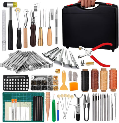 273 Pieces Leather Working Tools and Supplies with Leather Tool Box Cutting Mat Hammer Stamping Needles Snaps and Rivets Kit Perfect for Stitching Punching Cutting Sewing Leathercrafting Making