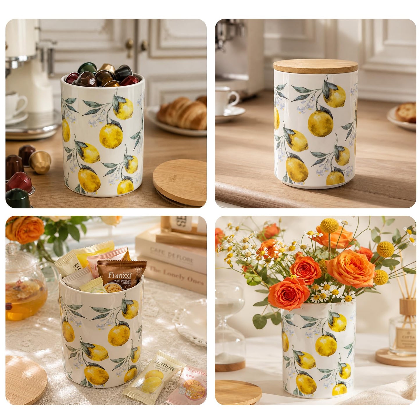 ODESUN Lemon Ceramic Utensil Holder with Bamboo Lid , 2-in-1 Countertop Utensil Crock & Storage Canister, Kitchen Utensil Holder for Countertop & Flatware Holder, French Country Kitchen Decor