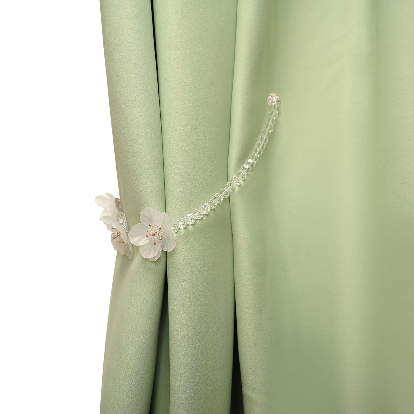 SUQ I OME 2 Pack Crystal Beaded Magnetic Curtain Tieback with 3 Pieces of Flora, Curtain Clips Buckle Curtain Holder Blingbling Curtain Holdbacks(White)