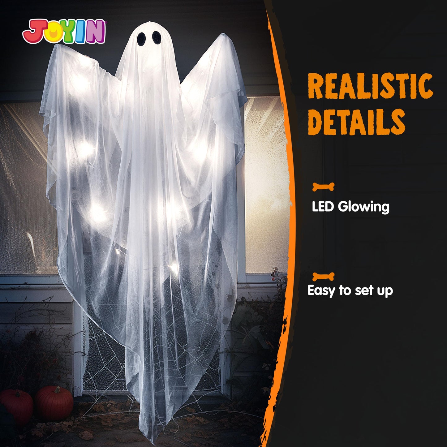 JOYIN Halloween Hanging Light up Ghost, 47" White Ghosts with Cold White LED Light and Timer Halloween Hanging Decoration Waterproof for Front Yard Patio LawnGarden Party Decor Indoor Outdoor