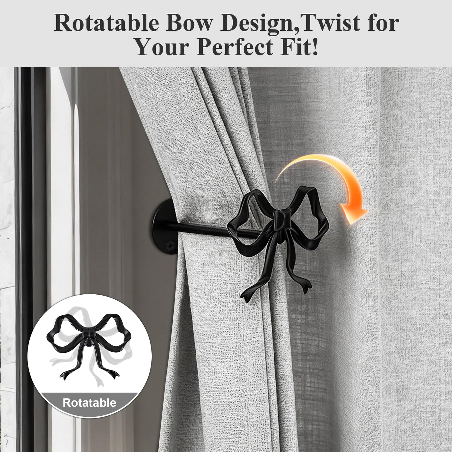 Tocemei 2 Pack Black Bow Curtain Holdbacks, Modern Matte Metal Curtain Holders for Wall,Rotatable Adjustable Angle,Elegant Bow Decor for Living Room Bedroom Home