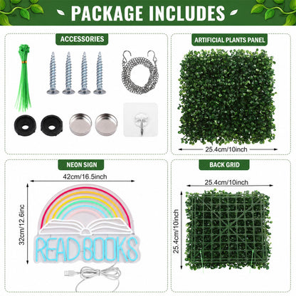 Fumete 13 Pcs Classroom Reading Corner Calming Corner Decor 10 x 10" Artificial Grass Wall Panels with Read Books Neon Sign Classroom Greenery Wall Decoration for Home School Party Supplies