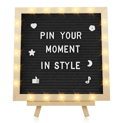 Felt Letter Board with LED Lights - 10 ×10" Custom Message Board with Changeable Letters & Stand, First Day of School Sign/Graduation/Pregnancy/Baby Announcement/Wedding/Classroom Decor, Black