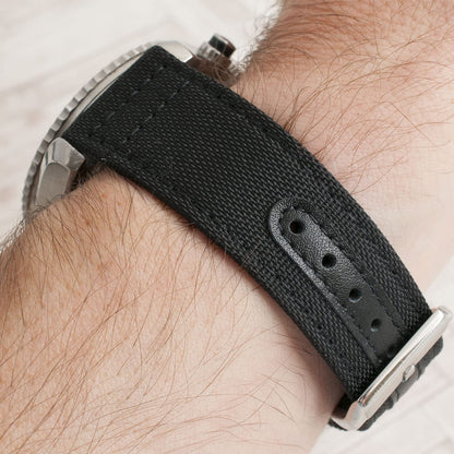 StrapHabit Quick Release Watch Band Replacement Sailcloth Watch Strap - 20mm 22mm Nylon & Leather Watch Strap (Black, 19mm)