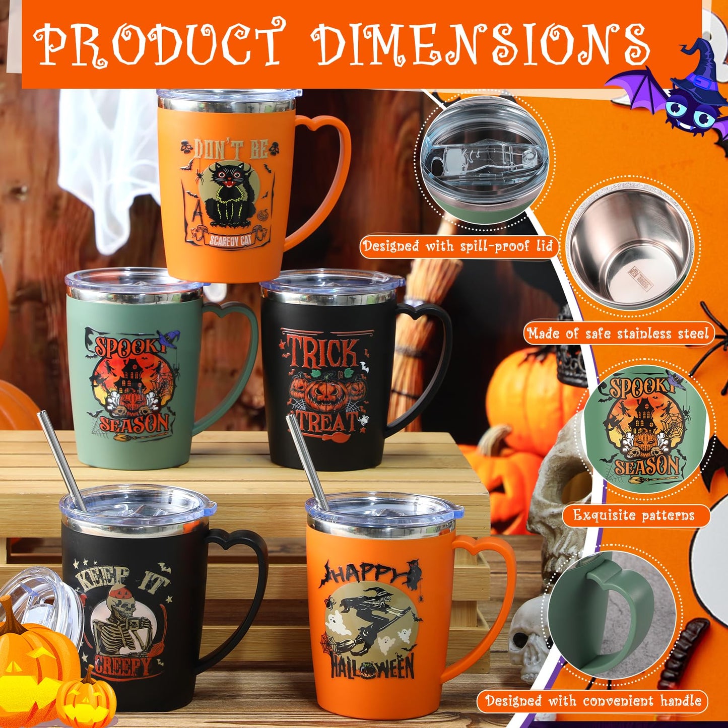 Kritkin 6 Pcs Halloween Coffee Mugs Cups 16 oz Halloween Stainless Steel Insulated Tumblers Bulk with Handle Lid Straw Brushes Spooky Ghost Face Monster Black Cat Mugs Trick or Treat Gifts