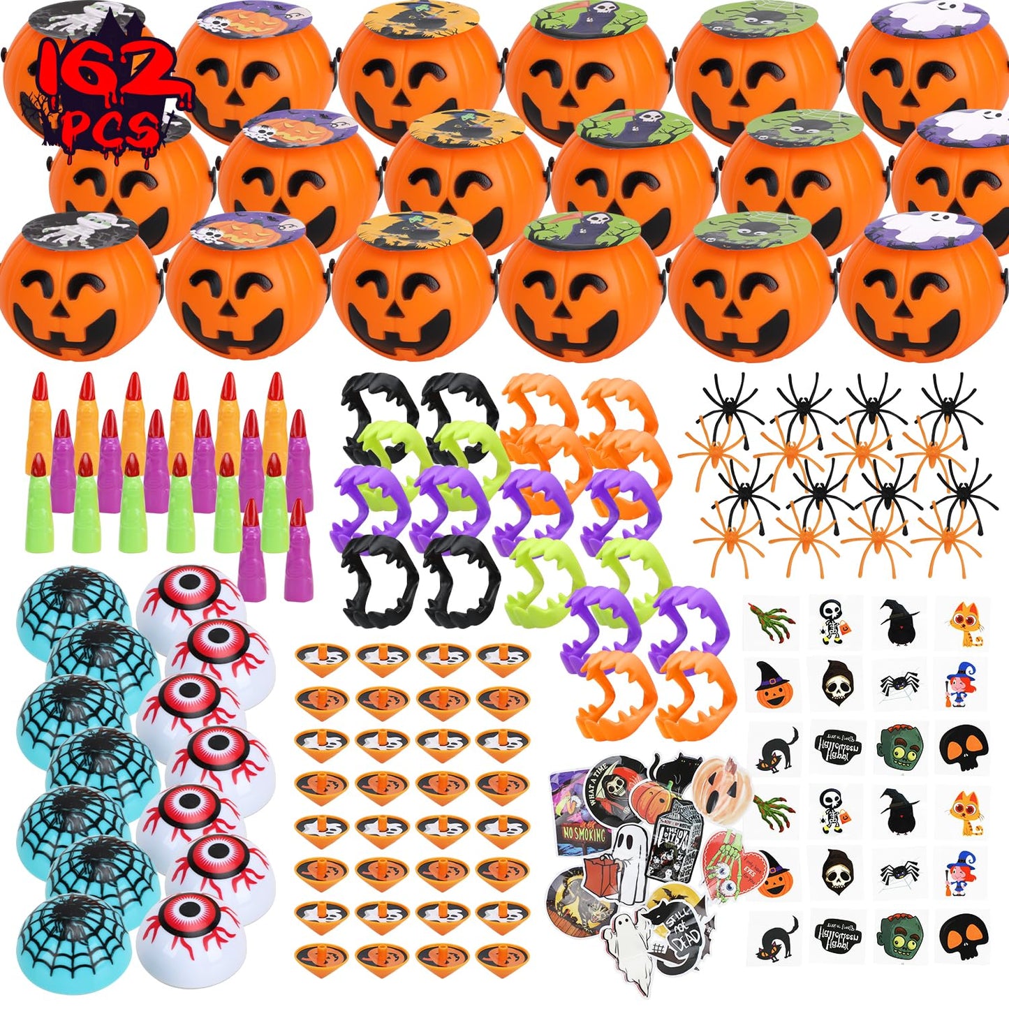 TOY Life Halloween Toys Prefilled Pumpkins Buckets Halloween Party Favors for Kids Bulk, 162Pcs Halloween Pinata Stuffers Mini Bucket Goodies Bag Classroom Prizes Trick or Treats