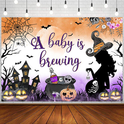 Withu A Baby is Brewing Backdrop Halloween Baby Shower Pregnant Witch Pumpkin Cobweb Haunted House Castle Gender Reveal Baby Boy Girl Newborn Party Decoration Banner Background 6x4ft