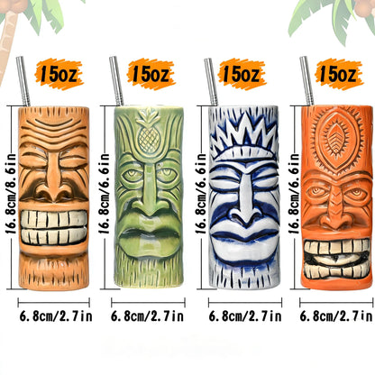 Tiki Mugs Set of 4 - Ceramic Tiki Glass Cocktail Cups, unique Cocktail Glasses, Bar Professional Hawaiian Mug and Halloween Christmas Party Barware