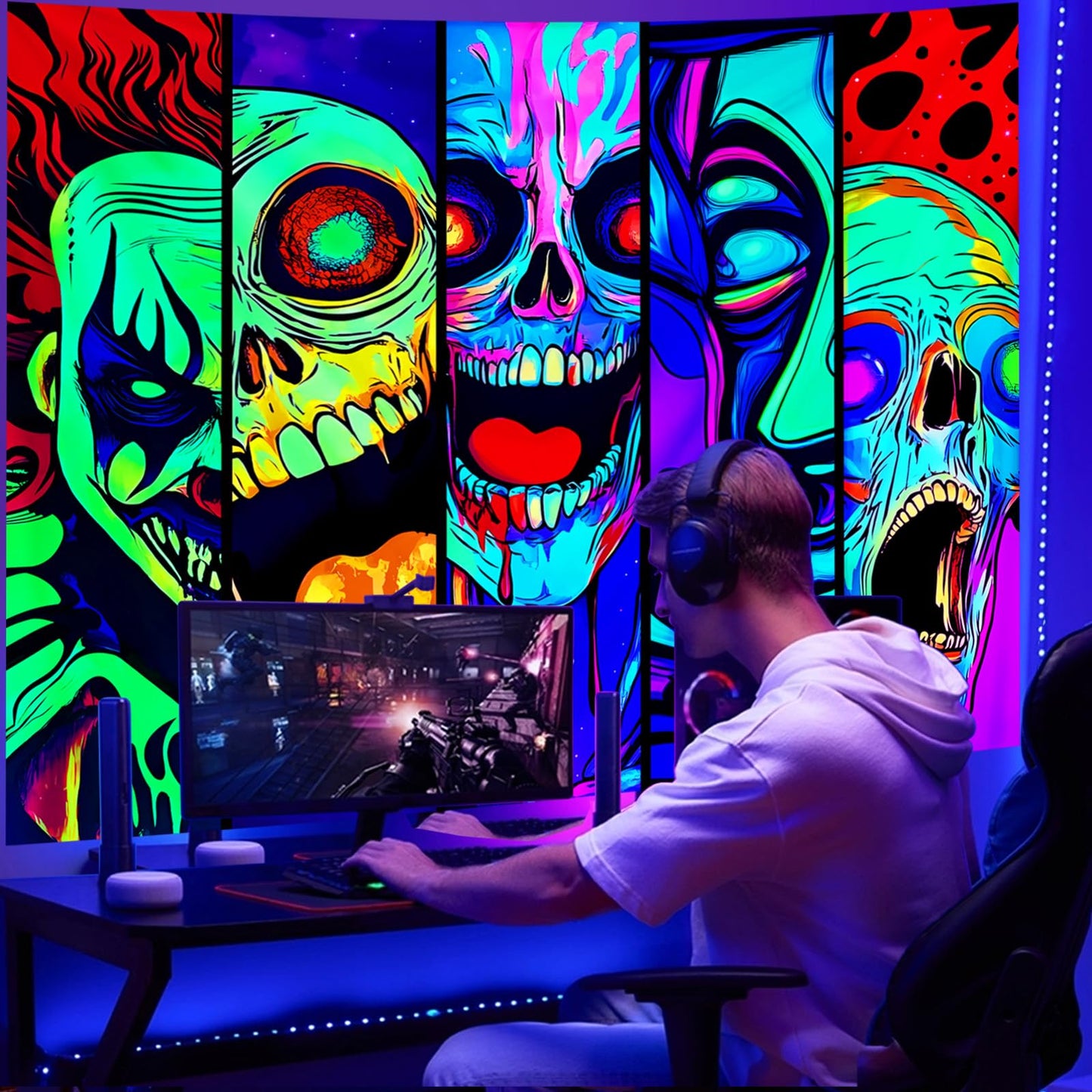 Apdidl Blacklight Halloween Horror Decor Tapestry for Bedroom, Black Light Posters Skull Face Scary Skeleton Funny Wall Art Tapestries，UV Reactive Glow in The Dark Party Wall Hanging for Living Room 60"X79"
