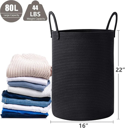 80L Extra Large Black Laundry Hamper Tall Woven Rope Laundry Basket for Clothes Modern Blanket Storage Basket in Living Room Bedroom 16"L x 16"W x 22"H