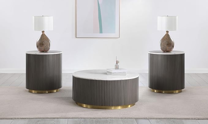 Coaster Home Furnishings - Jason - Wood and Metal - 3-Piece Coffee Table Set with Marble Tops, Reeded Drum Bases, and Gold Ring Accents - Living Room - Charcoal and White Marble - 710418-S3