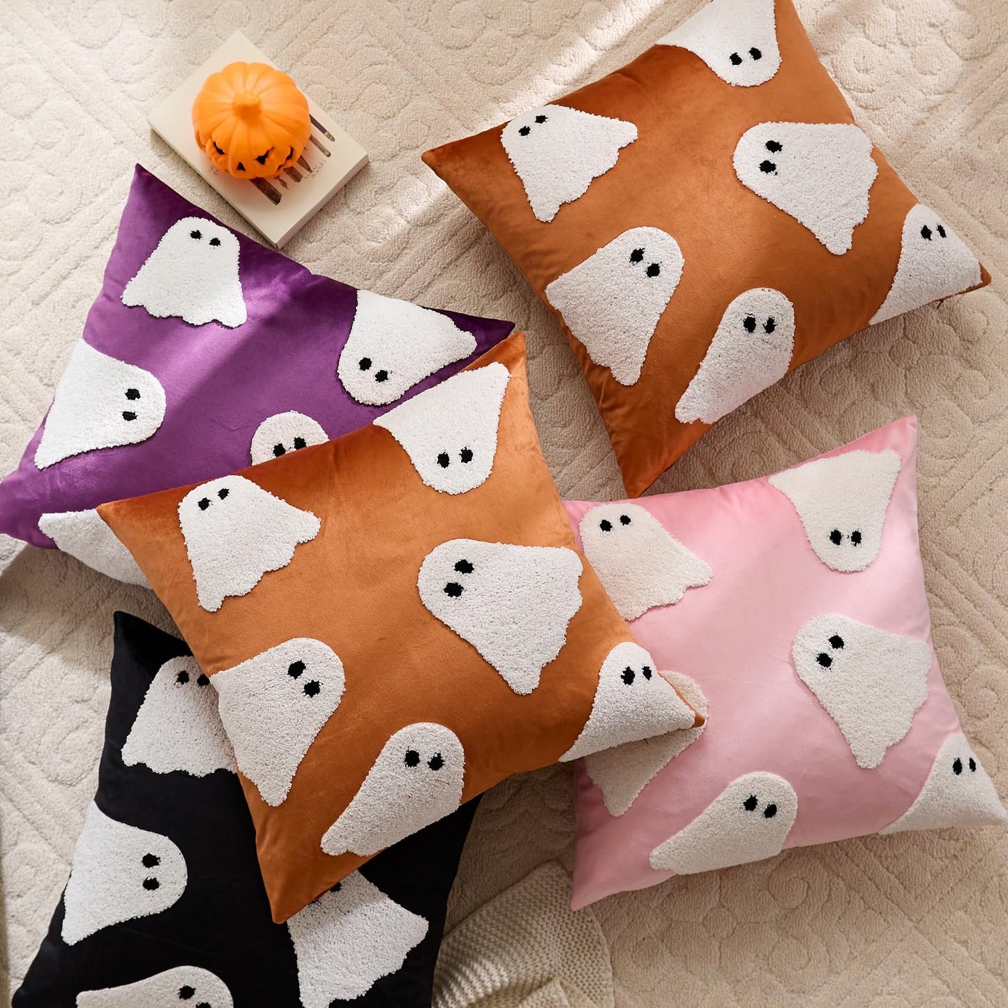 MAZSHTTD Halloween Pillow Covers 20x20 Inch Set of 2 Embroidery Ghost Throw Pillow Covers Indoor Outdoor Decorative Cushion Cases for Sofa Couch Bed Living Room Halloween Decoration Orange