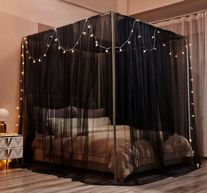 Mengersi Canopy Bed Curtains with Lights,Elegant Bed Canopy Curtains Bed Netting for Full Queen King Size Bed,Halloween Decoration,Gothic Black Room Decor Aesthetic