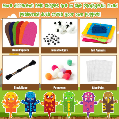 WATINC 6Pcs Hand Puppet Making Kit, Art Craft Felt Sock Puppet Toys, Creative DIY Make Your Own Pompoms Wiggle Googly Eyes Storytelling Role Play Party Supplies Gift for Girls Boys (Dinosaurs A)